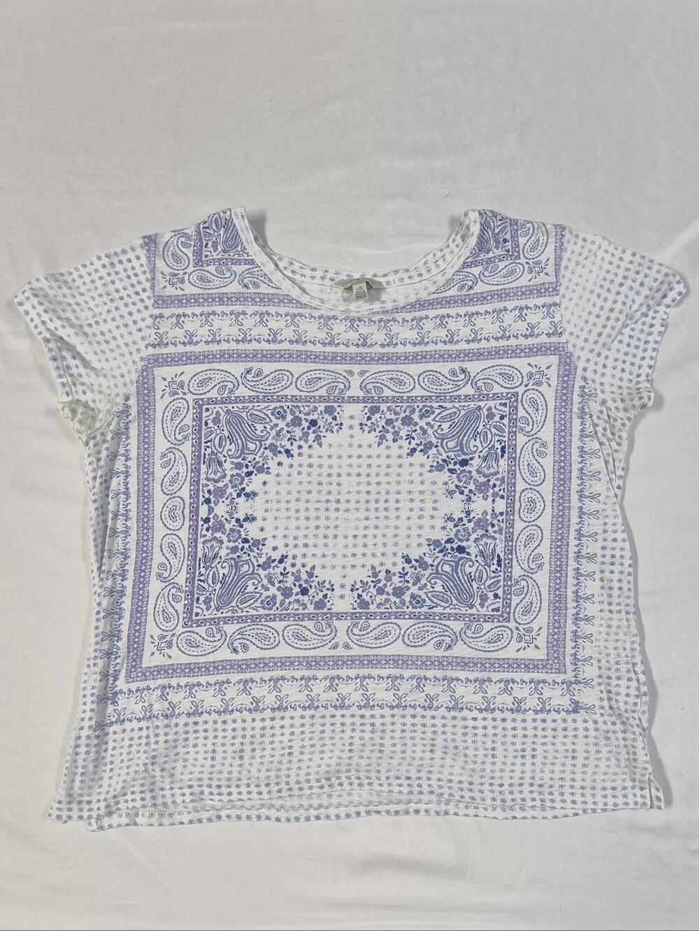Lucky Brand White and Lavender Paisley Square-Print Short Sleeve Tee Size Large